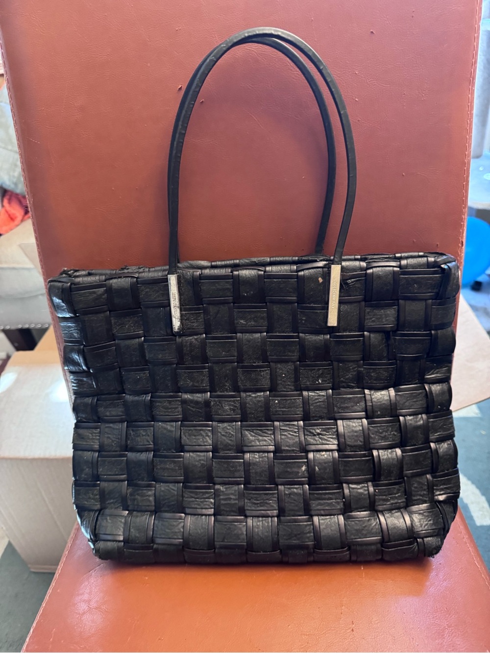Vintage Antonio Scepi Italian Black Woven Genuine Leather Tote Bag
